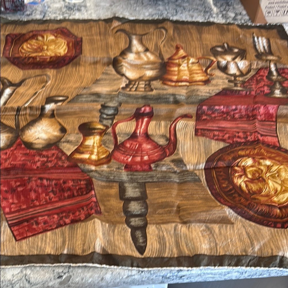 Vintage Handmade silk scarf with Red, Green, Cooper & Gold Accents!